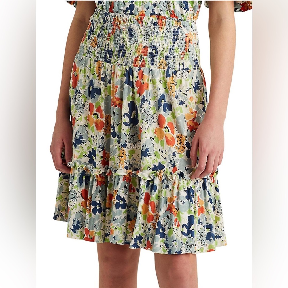 LAUREN‎ RALPH LAUREN LINEN Blend Floral Smocked Waist A-Line Skirt XXL